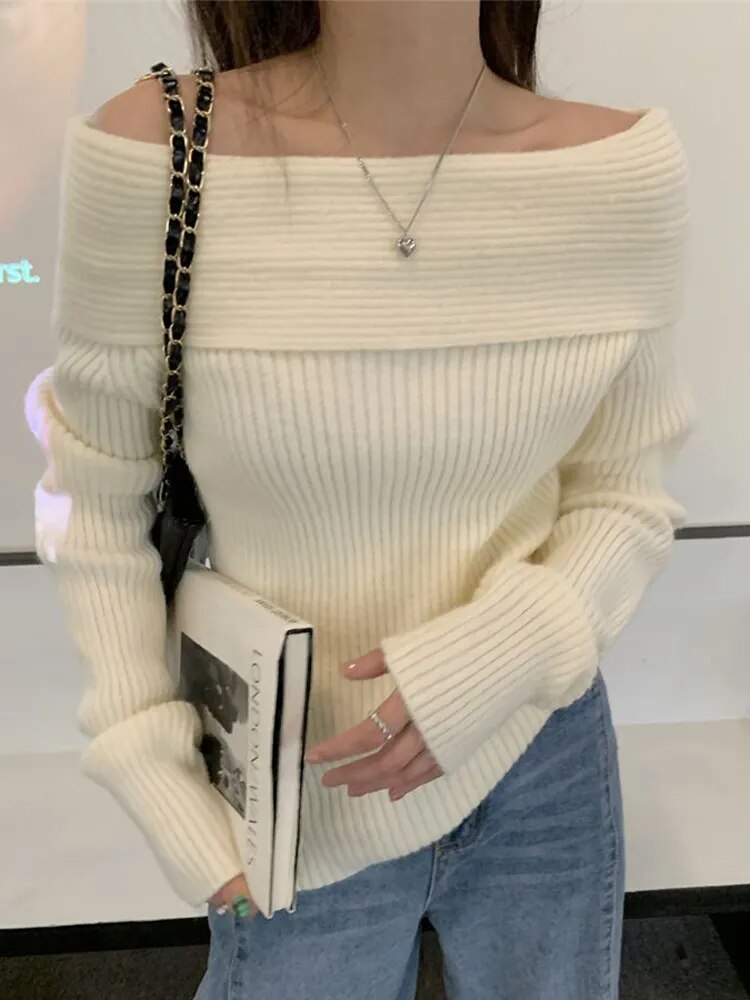 Off Shoulder Knitted Sweater for Autumn & Winter