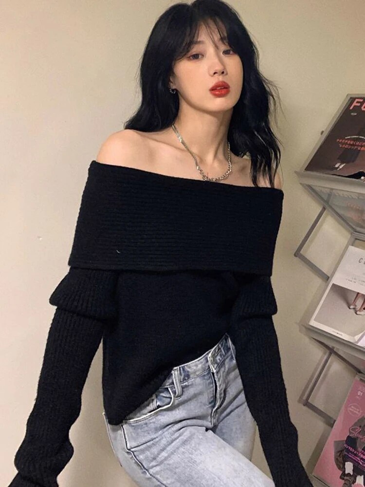 Off Shoulder Knitted Sweater for Autumn & Winter